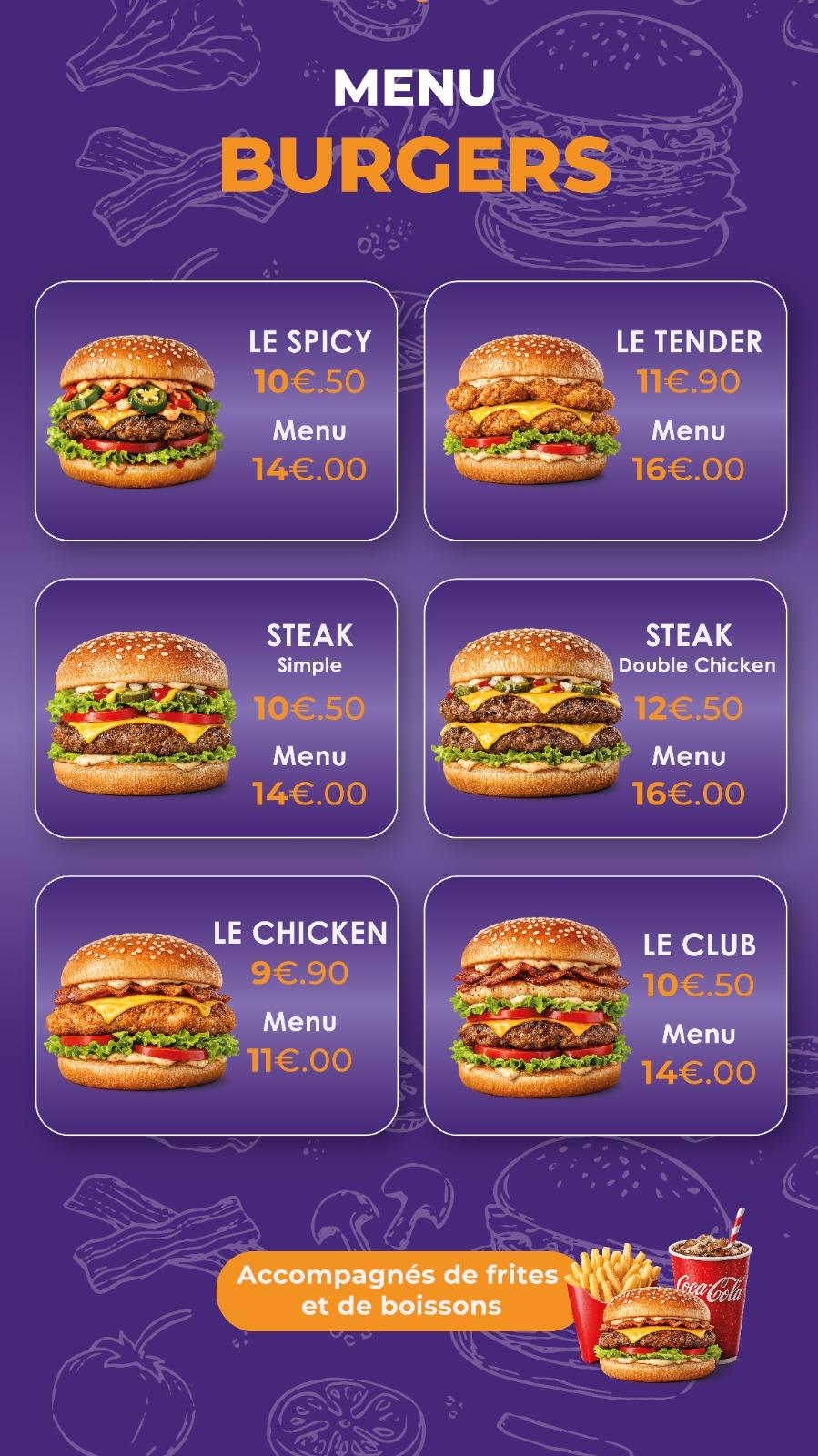 Menu burgers